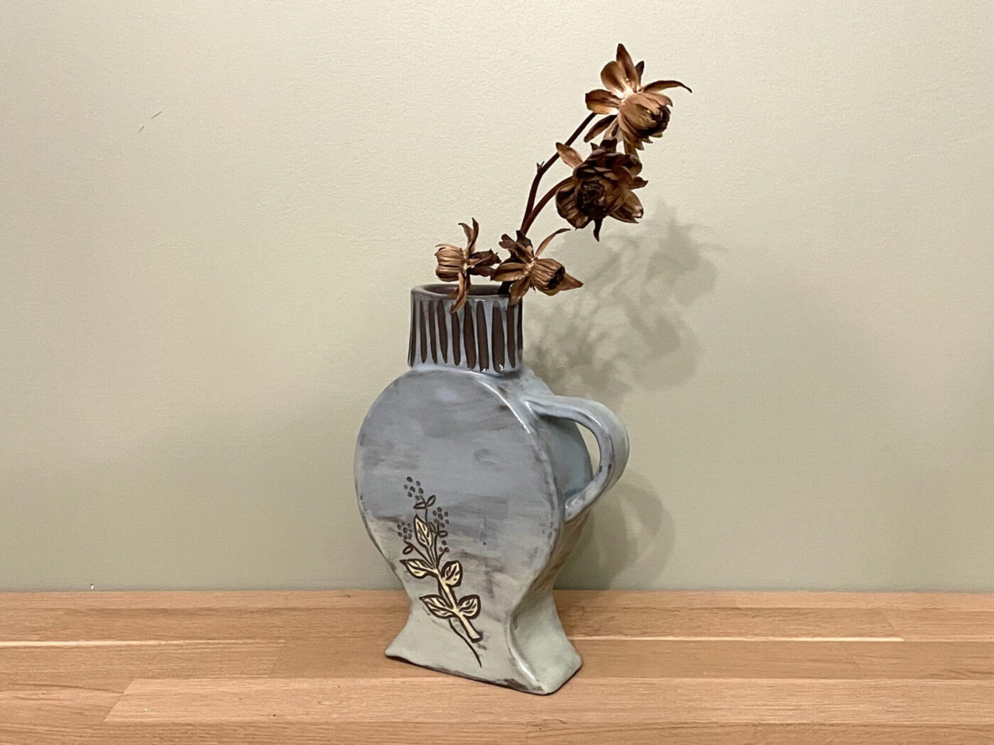 Blue & Green Slab Vase with Floral Etching — styling detail