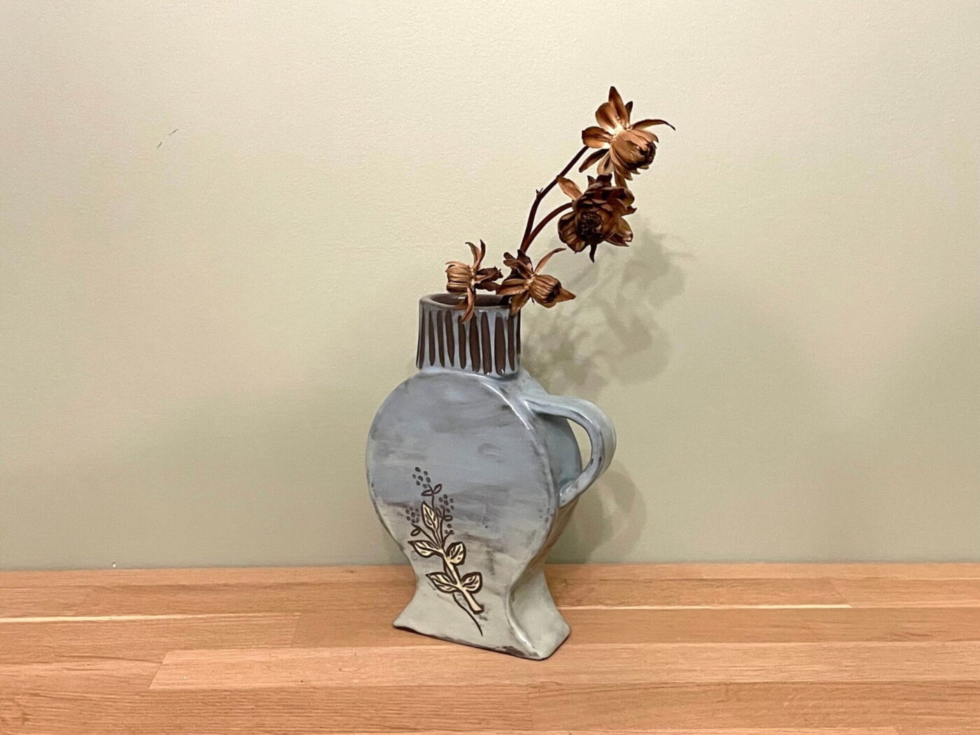 Blue & Green Slab Vase with Floral Etching
