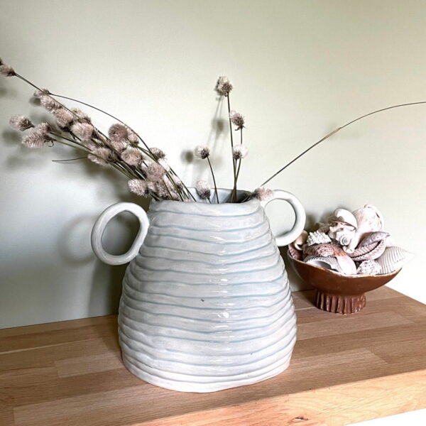 Light Blue wide base hand built coiled ceramic stoneware vase / ceramic house warming gift