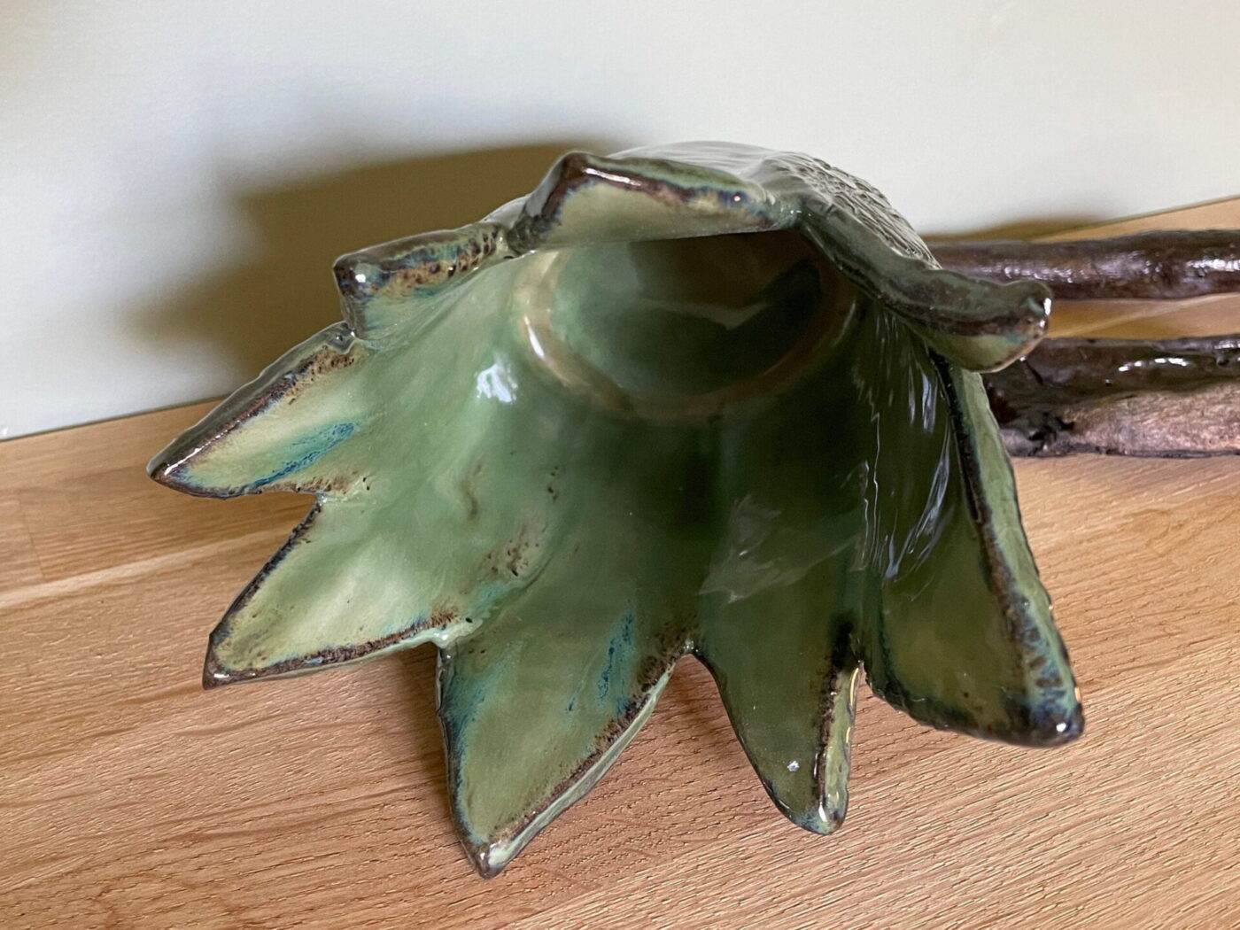 Dark Green Leaf-Textured Ceramic Vase — back view