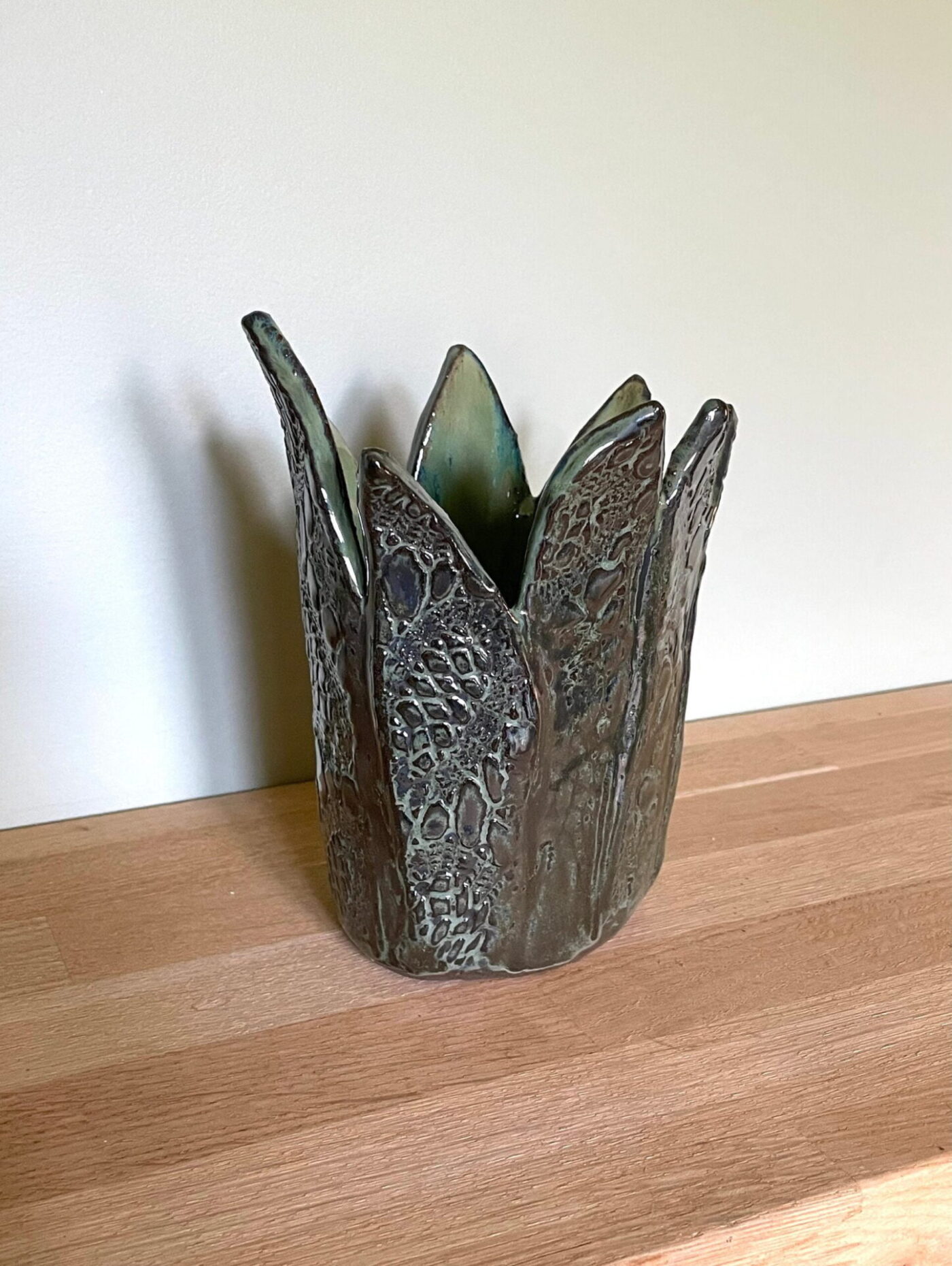 Dark Green Leaf-Textured Ceramic Vase — scale view