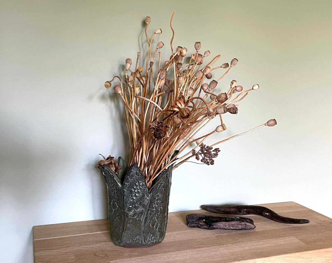 Dark Green Leaf-Textured Ceramic Vase — detail view