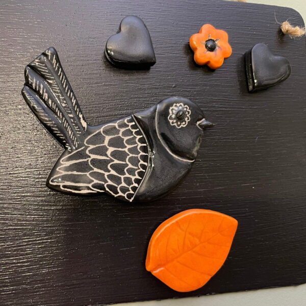 Set of 5 black and orange ceramic magnets /a singing bird, love hearts, a flower and a leaf fridge magnets/ magnetic canvas