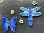 Cobalt blue Butterfly and Dragonfly with small flowers ceramic fridge magnet set / magnetic canvas