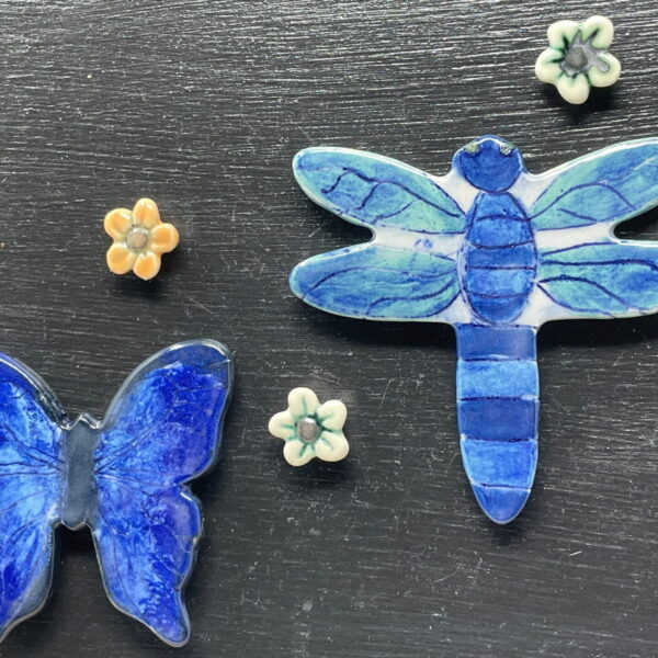Cobalt blue Butterfly and Dragonfly with small flowers ceramic fridge magnet set / magnetic canvas