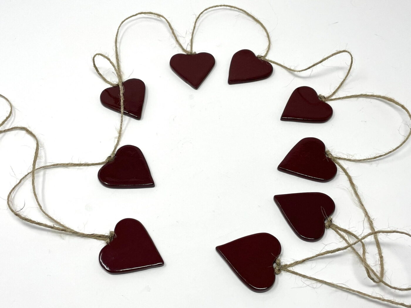 Deep Firebrick Red Ceramic Heart Garland (9 Hearts) — side view