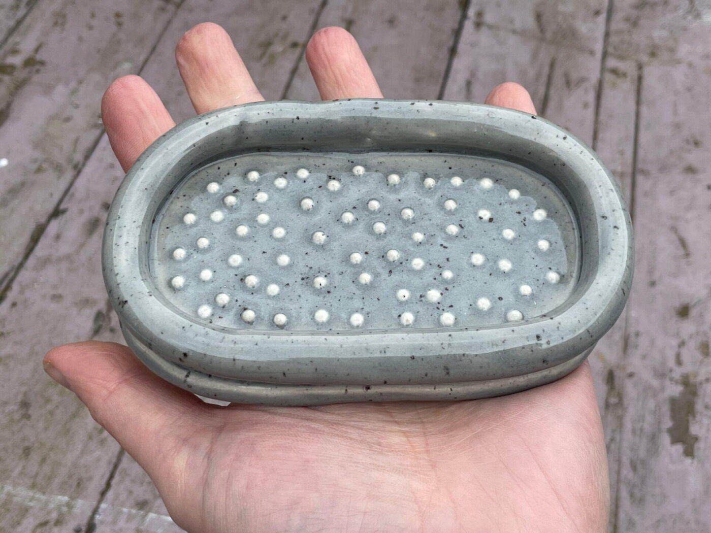 Grey Speckled Ceramic Soap Dish — alternate angle