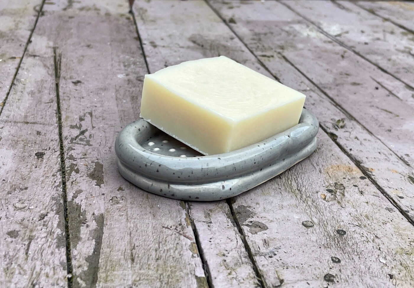Grey Speckled Ceramic Soap Dish — top view