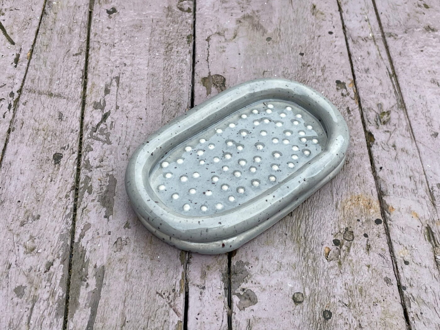 Grey Speckled Ceramic Soap Dish — side view