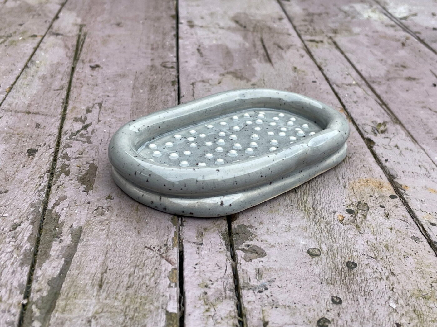 Grey Speckled Ceramic Soap Dish — detail view