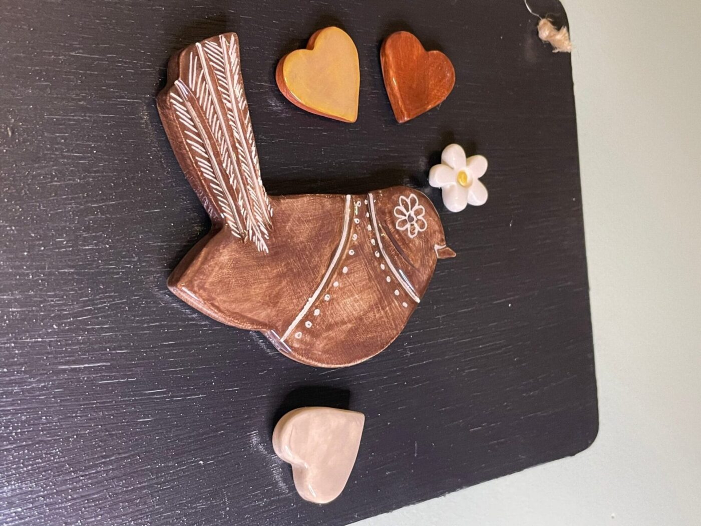 Autumn Magnet Set — Bird, Flower & Hearts — in use