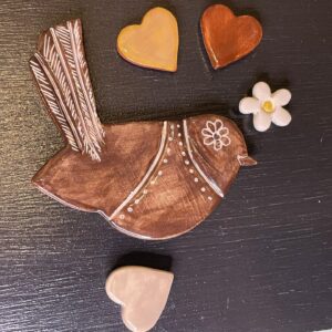 Set of 5 autumn ceramic magnets / a singing bird, brown love hearts and a flower fridge magnets/ magnetic black board
