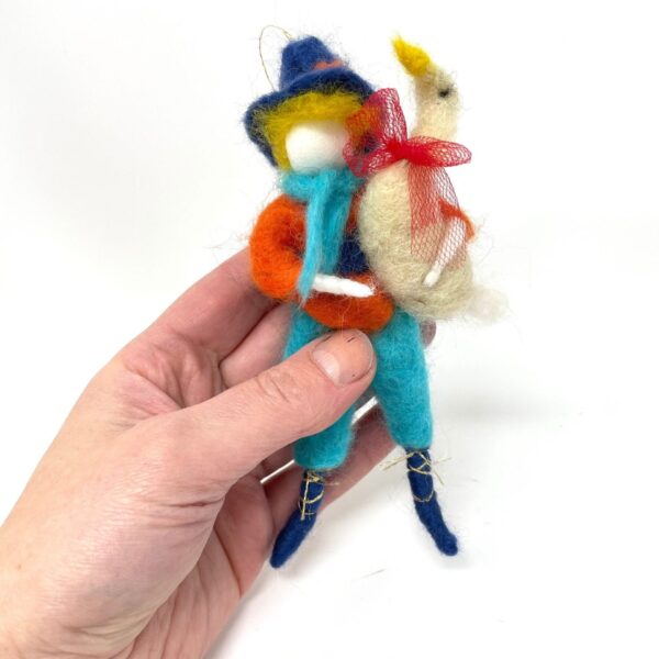 Wool needle felted blond girl with her goose friend hanging Christmas ornaments