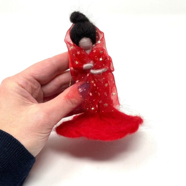 Geisha in red dress handmade wool felted hanging tree decoration / black haired geisha