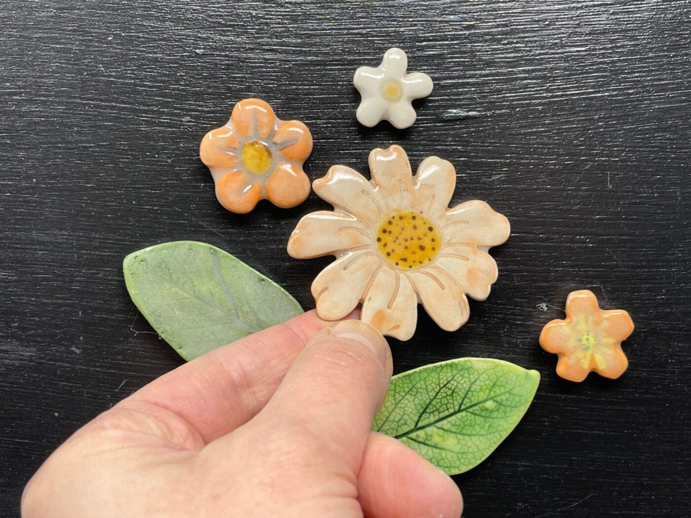 Orange Leaf & Flower Ceramic Magnet Set — detail view