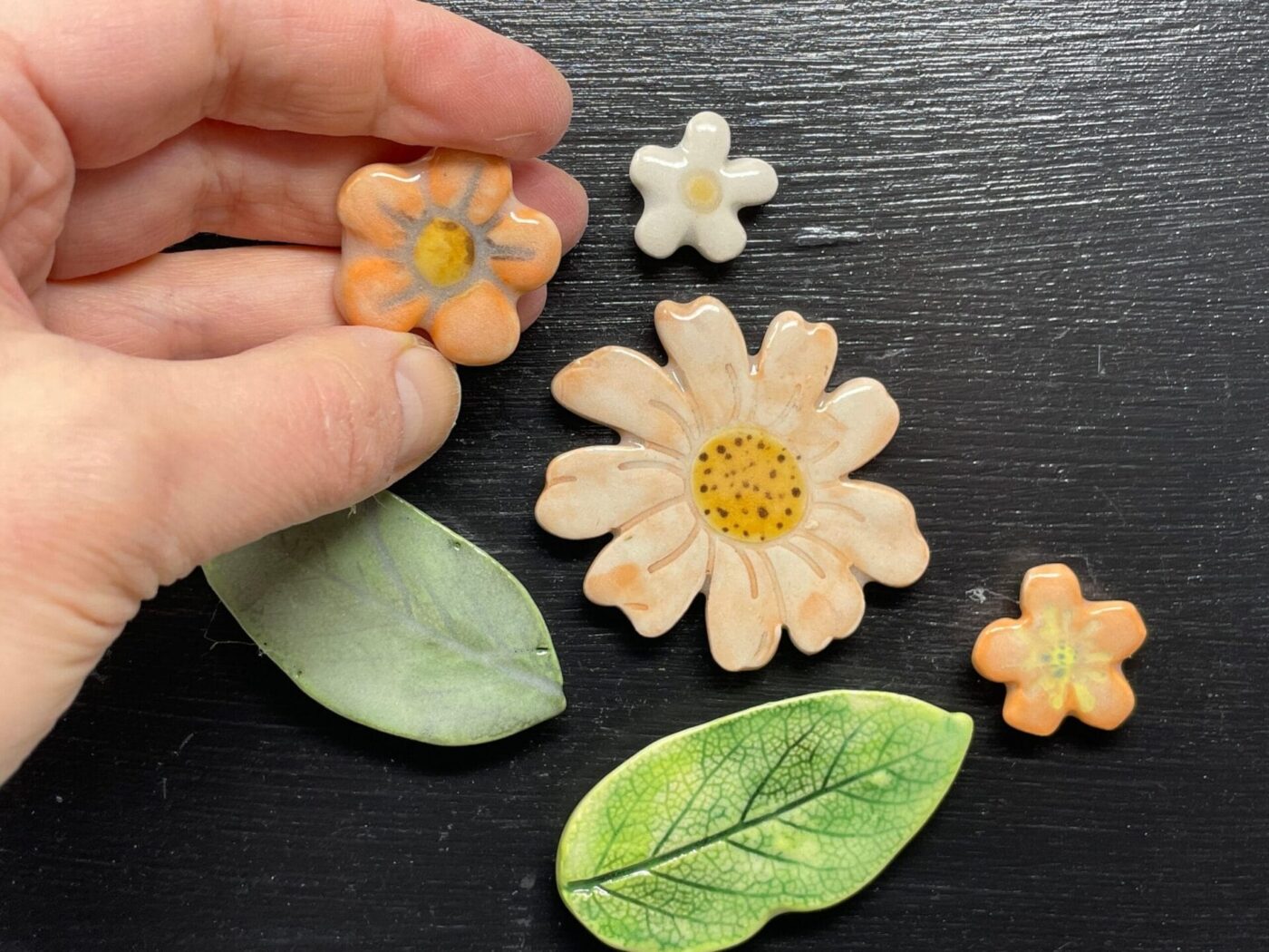 Orange Leaf & Flower Ceramic Magnet Set — side view