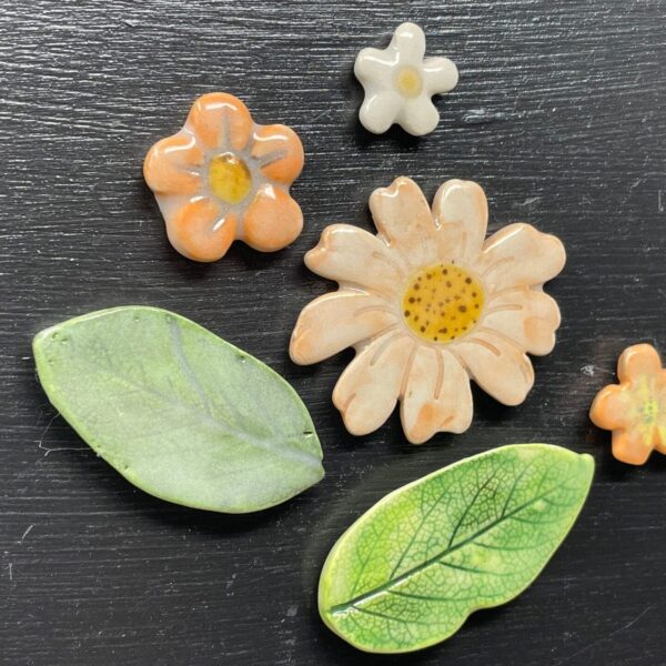Nature inspired magnet set / 6 floral fridge magnets in orange / leaves and flowers magnetic decor