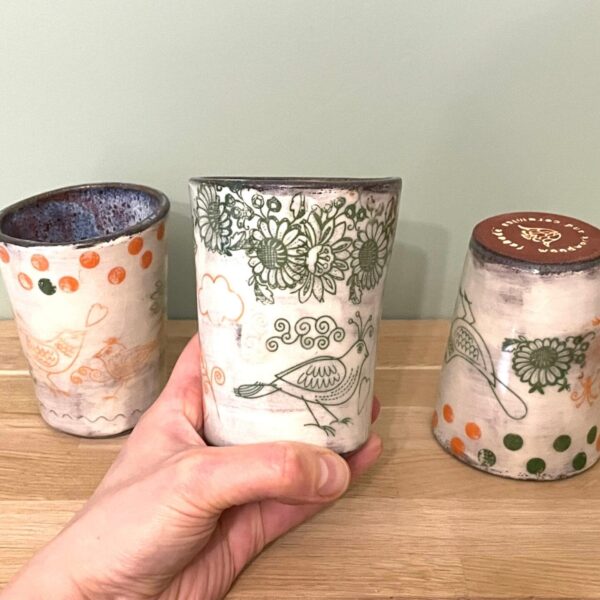 Aged looking 0.3 l Bird tumblers /  handmade ceramic pottery cups with birds and flowers and polka dots decoration