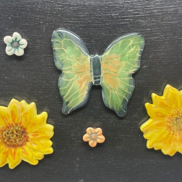 Butterfly and flowers set of handmade pottery ceramic fridge magnets 6 magnets in a set