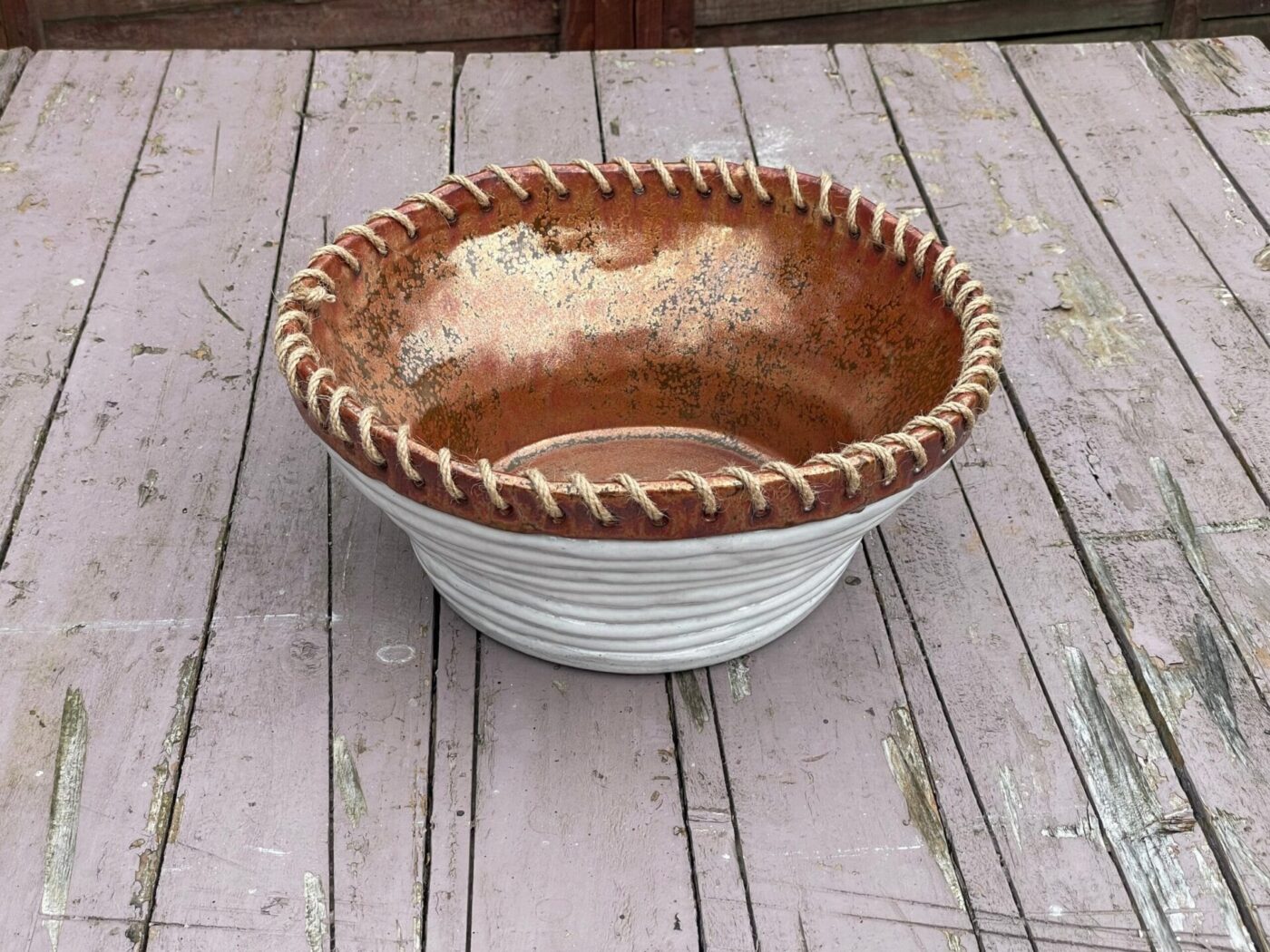 Large White & Copper Coiled Bowl with Hemp Rim — alternate angle
