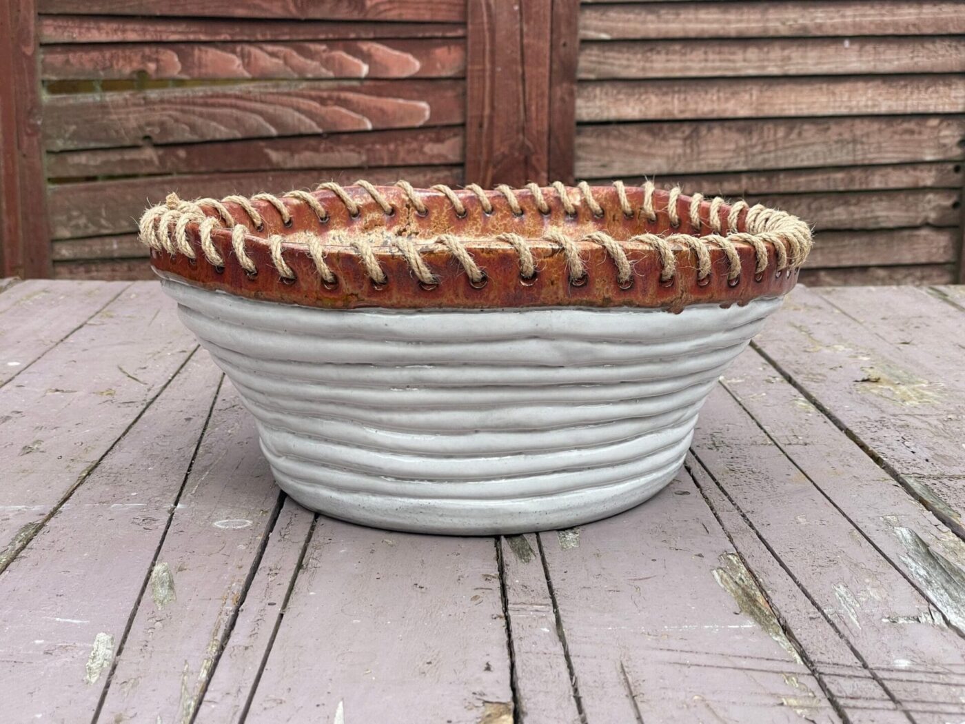 Large White & Copper Coiled Bowl with Hemp Rim — side view