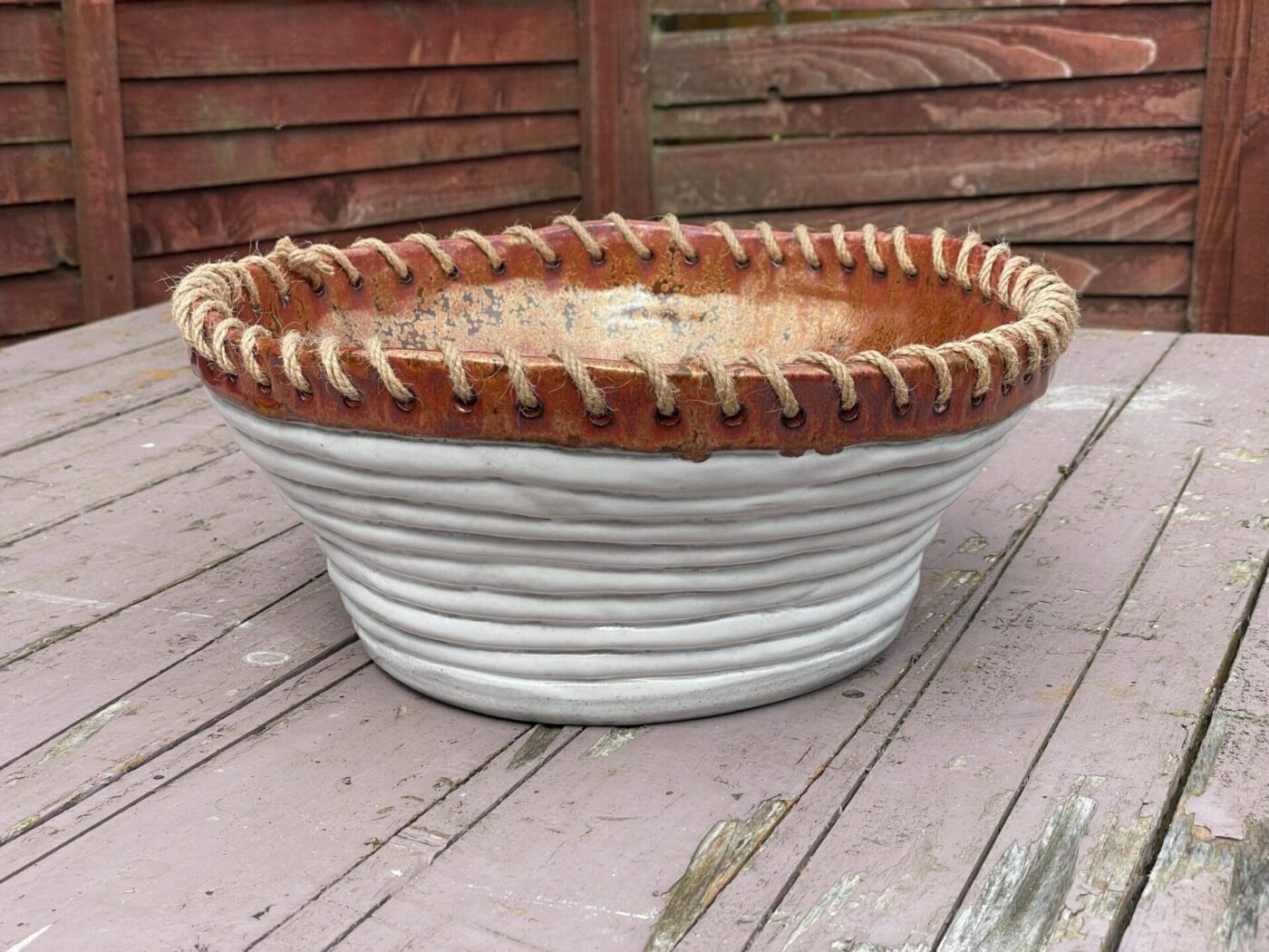Large White & Copper Coiled Bowl with Hemp Rim — top view