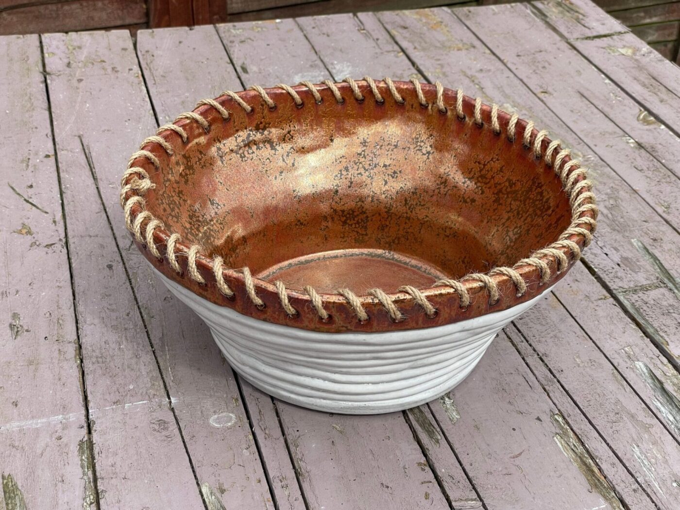 Large White & Copper Coiled Bowl with Hemp Rim — back view