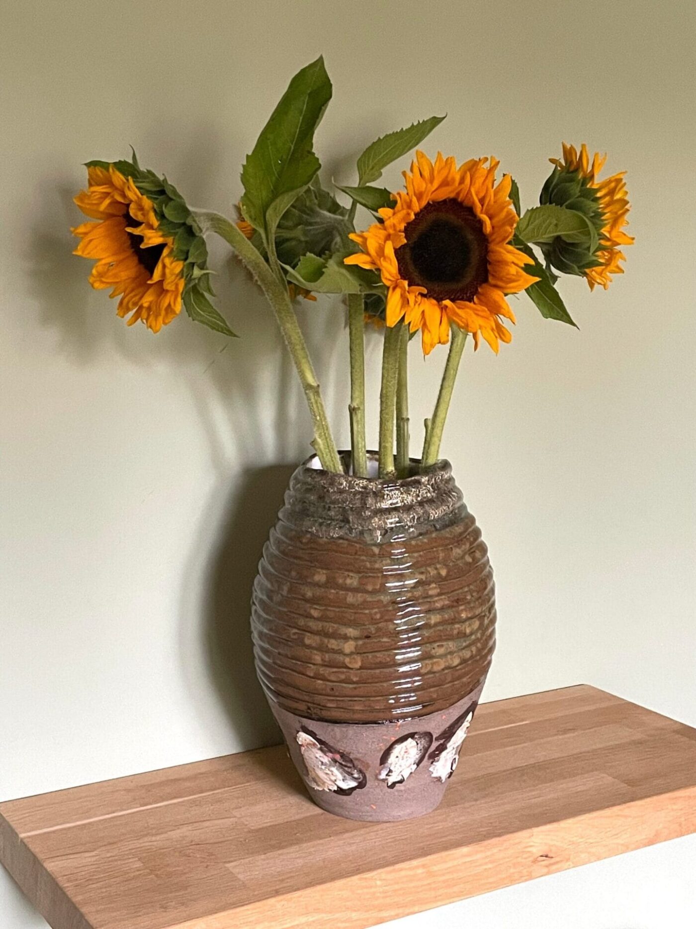 Tall Coiled Ceramic Vase — Brown & Grey Patchwork — detail view