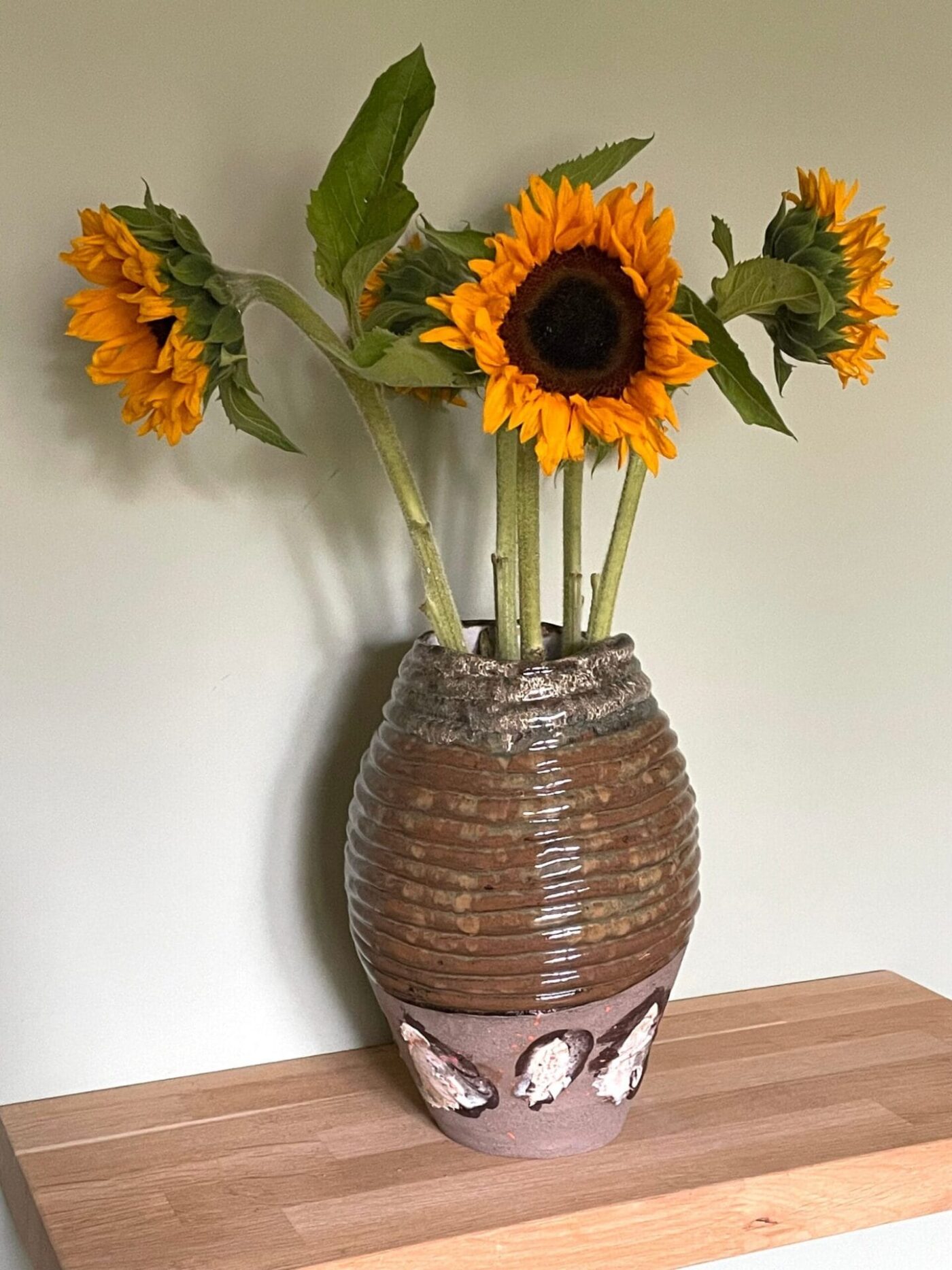 Tall Coiled Ceramic Vase — Brown & Grey Patchwork — side view