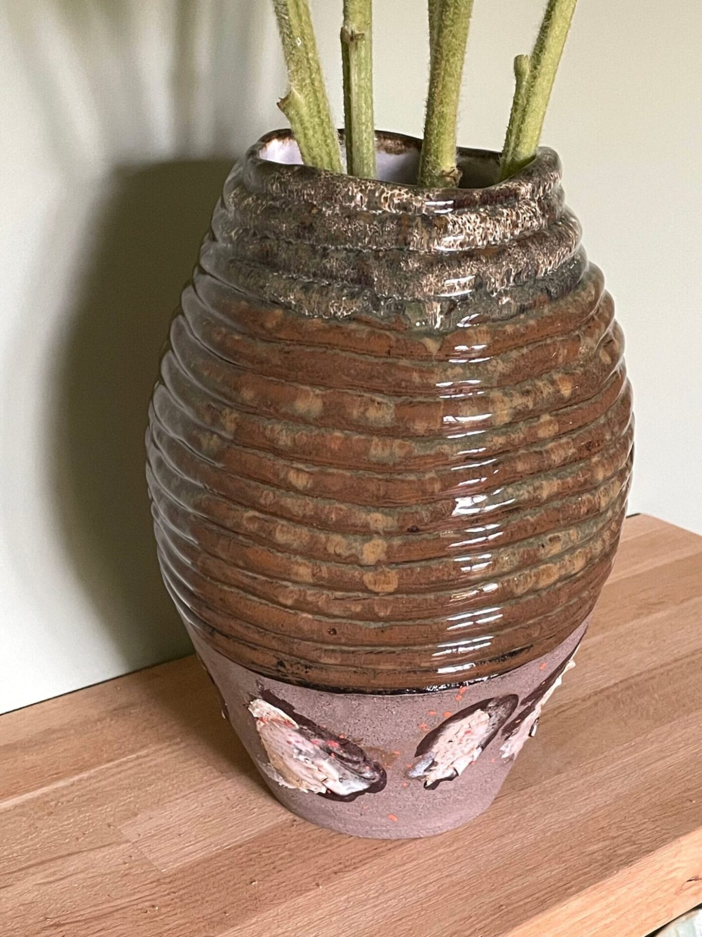 Tall Coiled Ceramic Vase — Brown & Grey Patchwork — back view