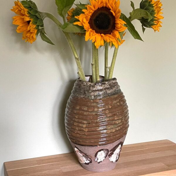 Handmade Brown & Grey Tall Coiled Ceramic Pottery with White and brown Patchwork Accents - Exclusive Home Decor Art with Signature Stamp