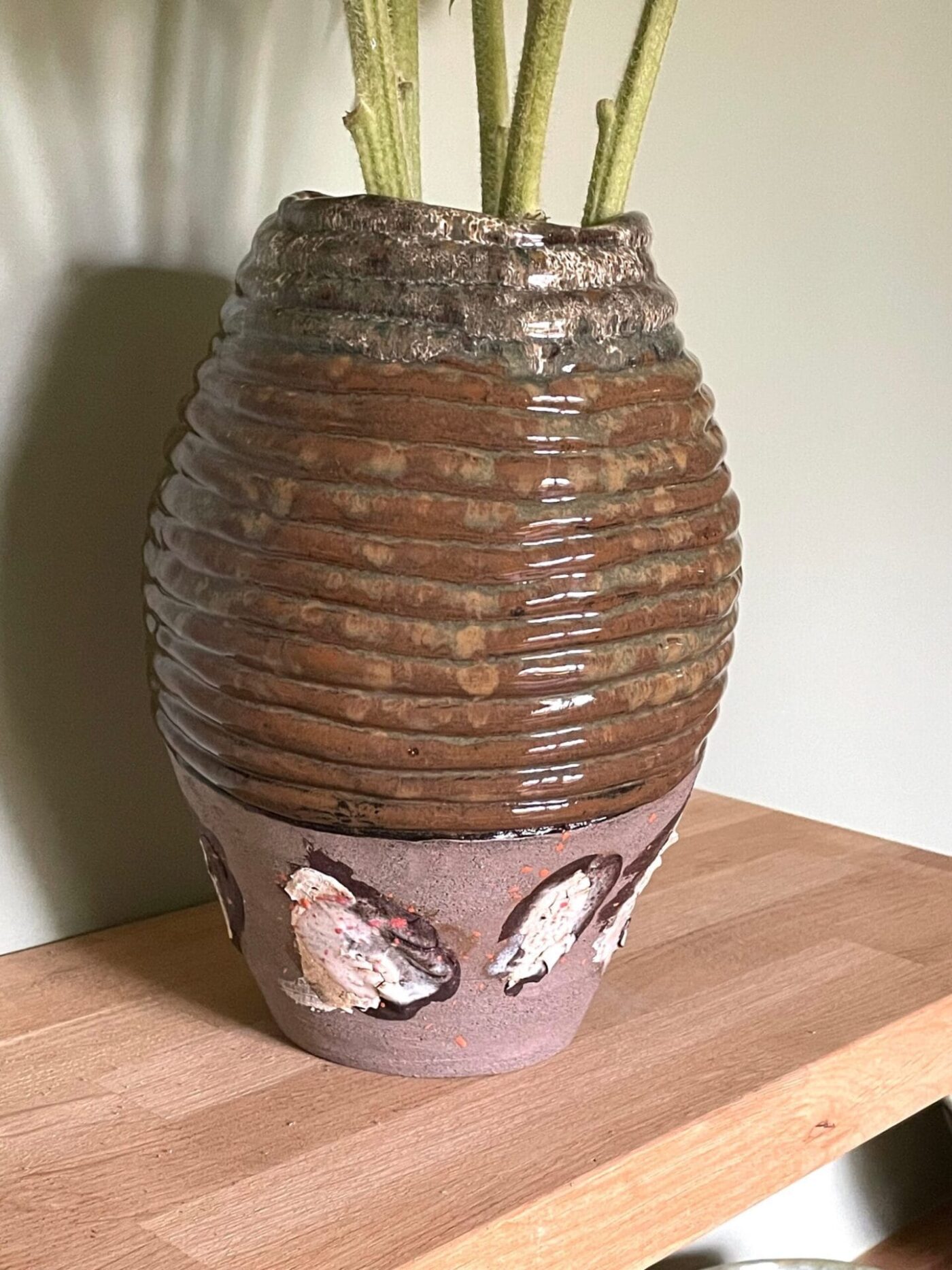 Tall Coiled Ceramic Vase — Brown & Grey Patchwork — top view