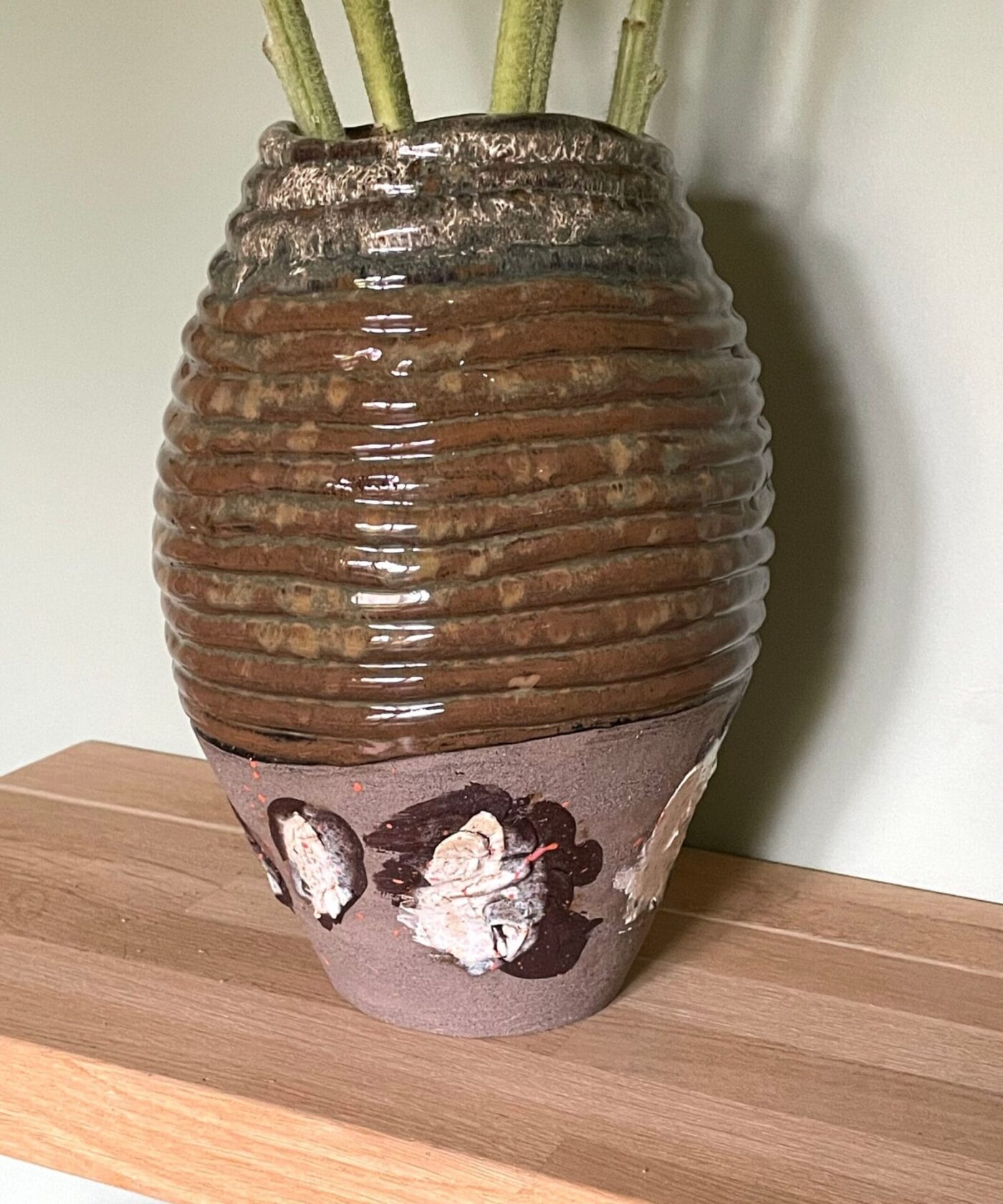 Tall Coiled Ceramic Vase — Brown & Grey Patchwork — scale view