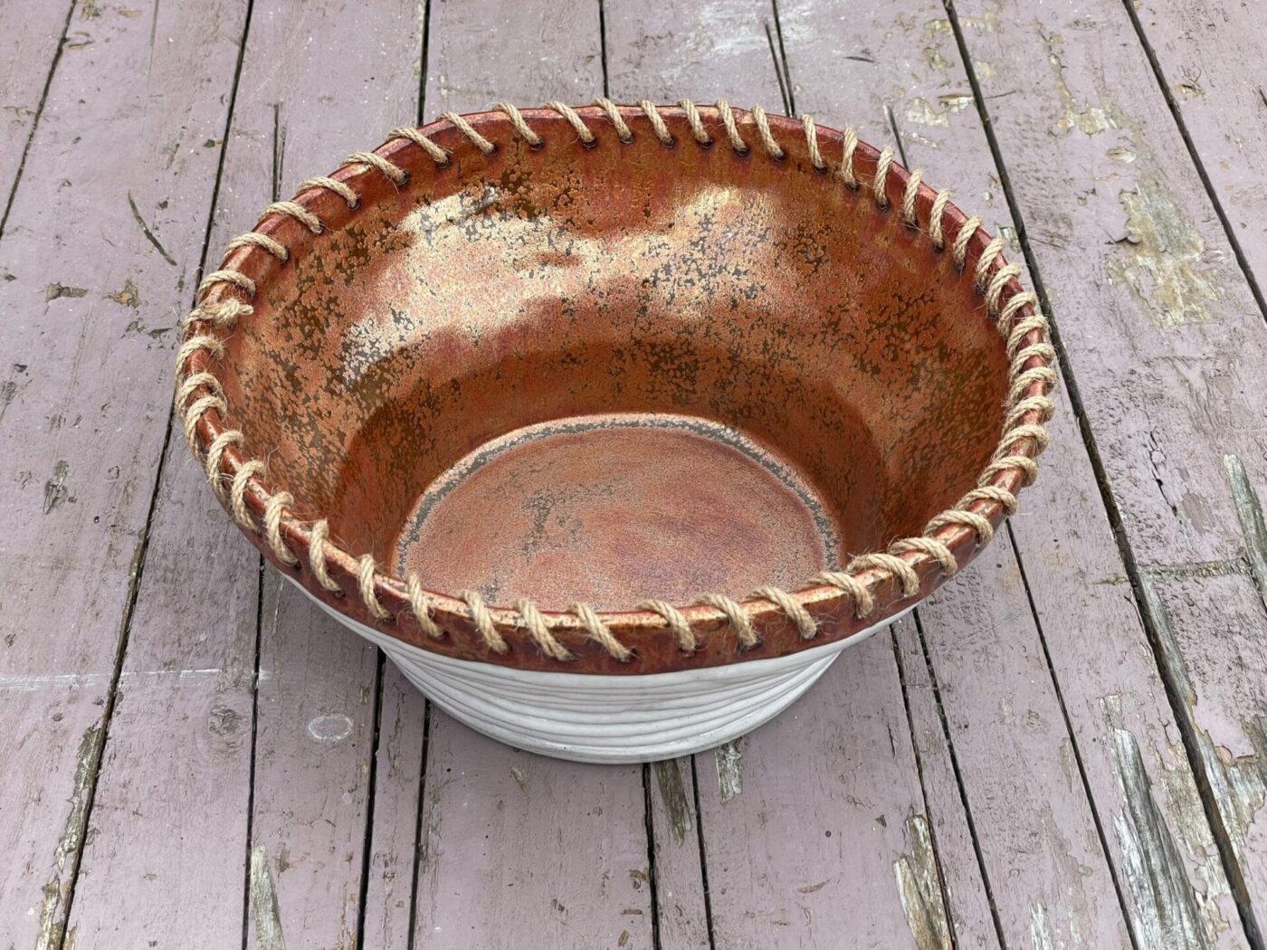 Large White & Copper Coiled Bowl with Hemp Rim — detail view