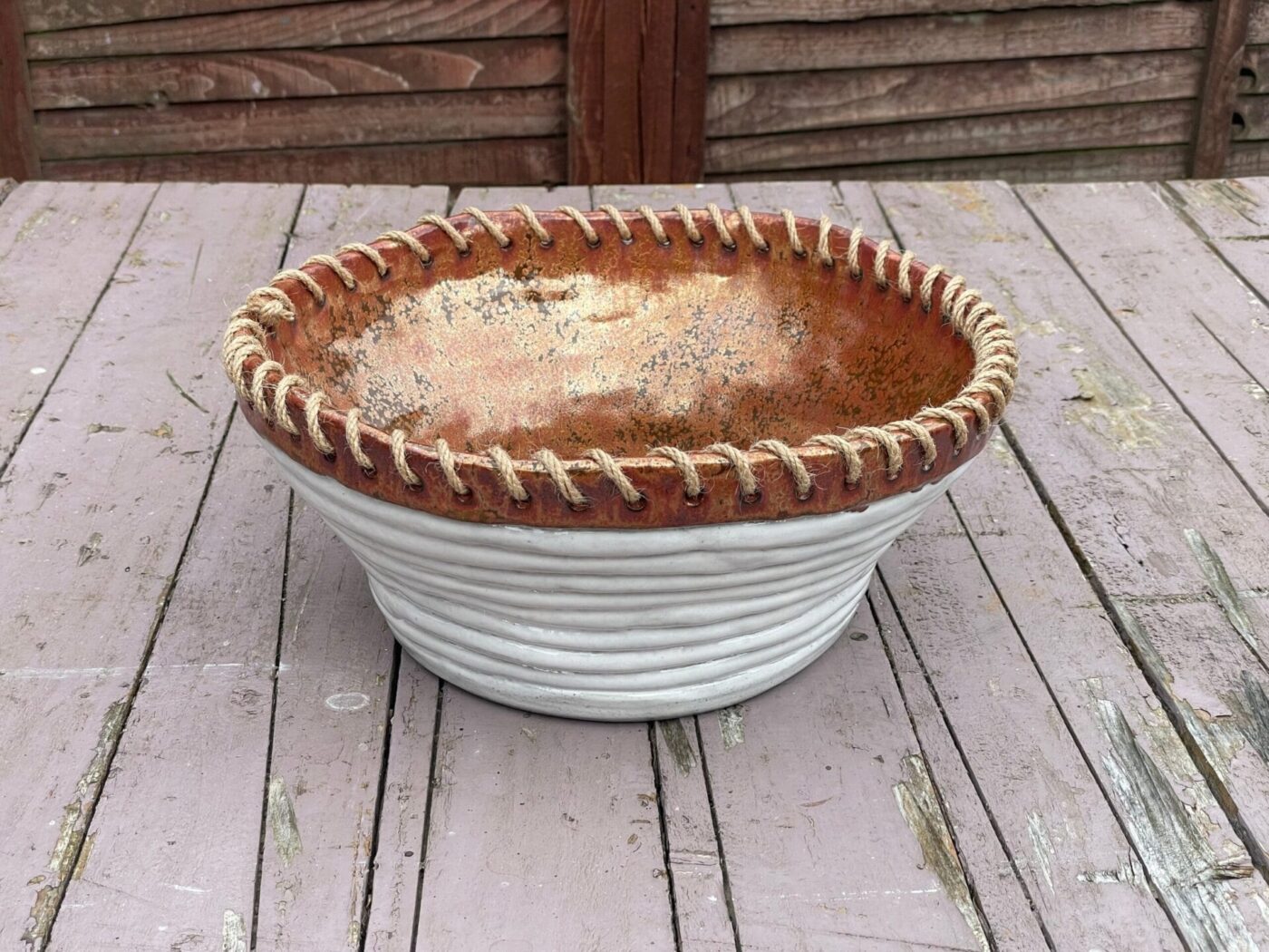 Large White & Copper Coiled Bowl with Hemp Rim — close-up