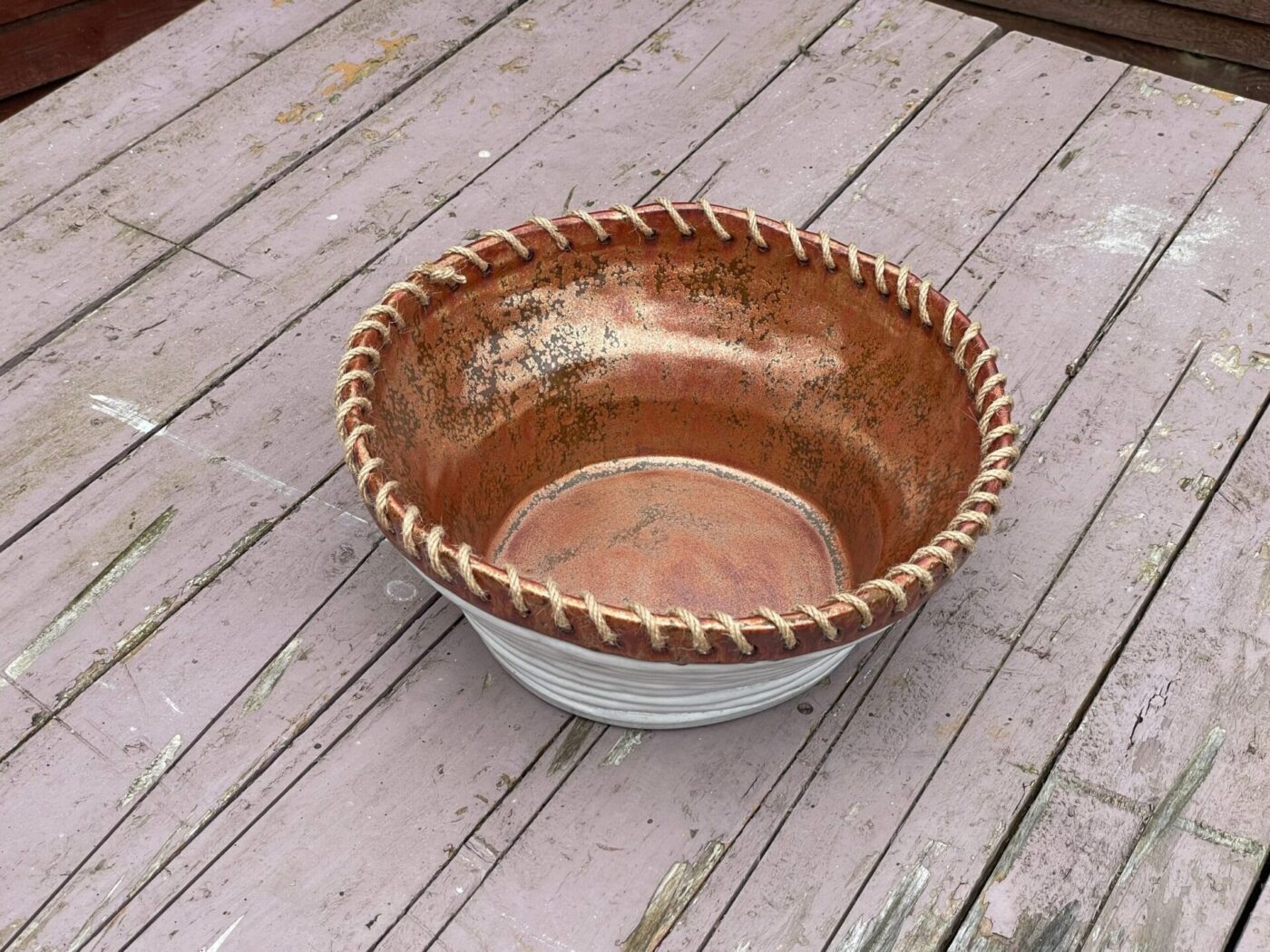 Large White & Copper Coiled Bowl with Hemp Rim — in use
