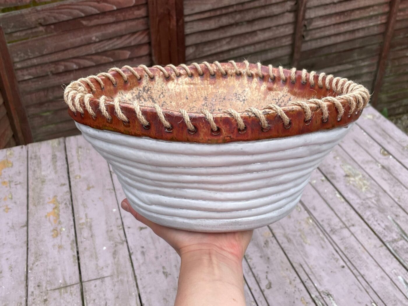 il_fullxfull.6184898963_lshg.jpg Large White & Copper Coiled Bowl with Hemp Rim