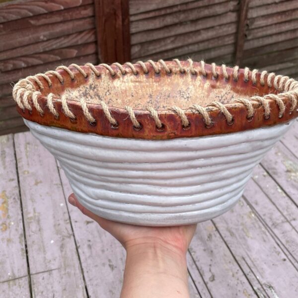 Large Handcrafted Unique Ceramic Bowl for Table Decor or Fruit Storage - White and Copper