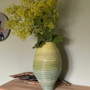 Hand-Built Coiled Tall Ceramic Vase in Green / One-of-a-Kind Home Decor, Unique Handcrafted Art Piece with Logo Stamp