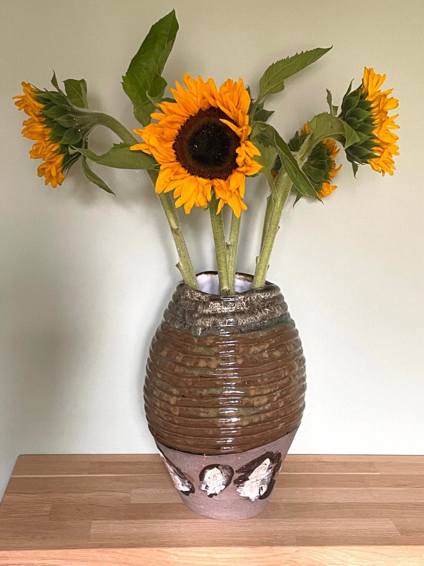 Tall Coiled Ceramic Vase — Brown & Grey Patchwork — close-up
