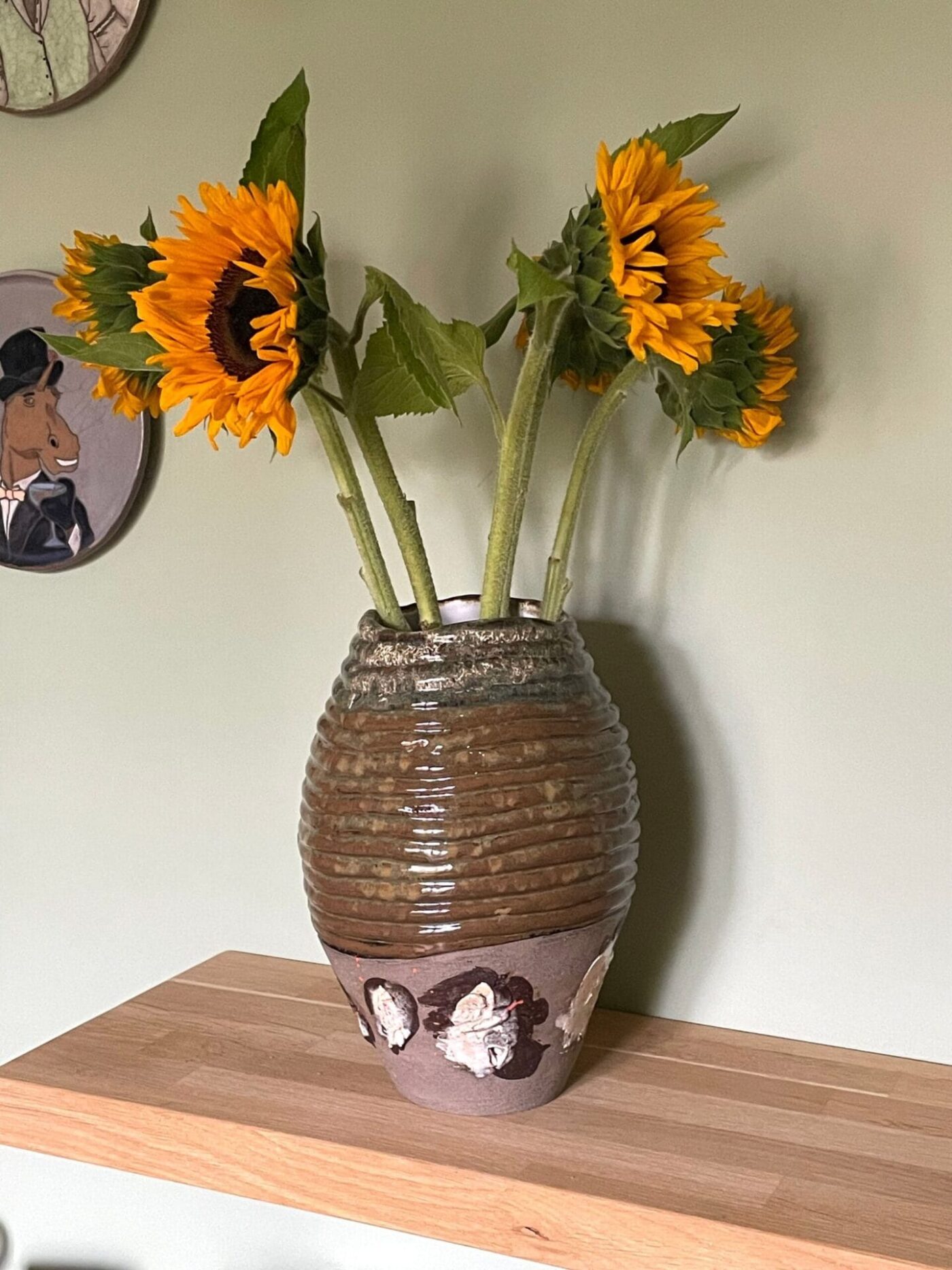 Tall Coiled Ceramic Vase — Brown & Grey Patchwork — in use
