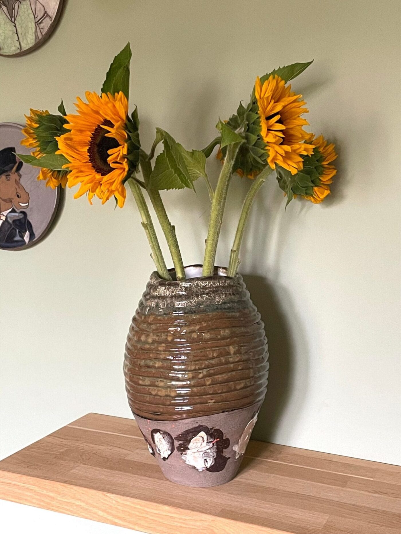 Tall Coiled Ceramic Vase — Brown & Grey Patchwork — styling detail