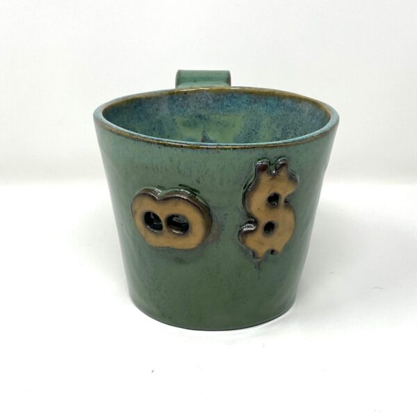 Handcrafted XL Ceramic Mug - 0.8 Litre Oversized Coffee Cup with Personalized symbol, Green & Rustic Gold Glaze, Unique Pottery Gift