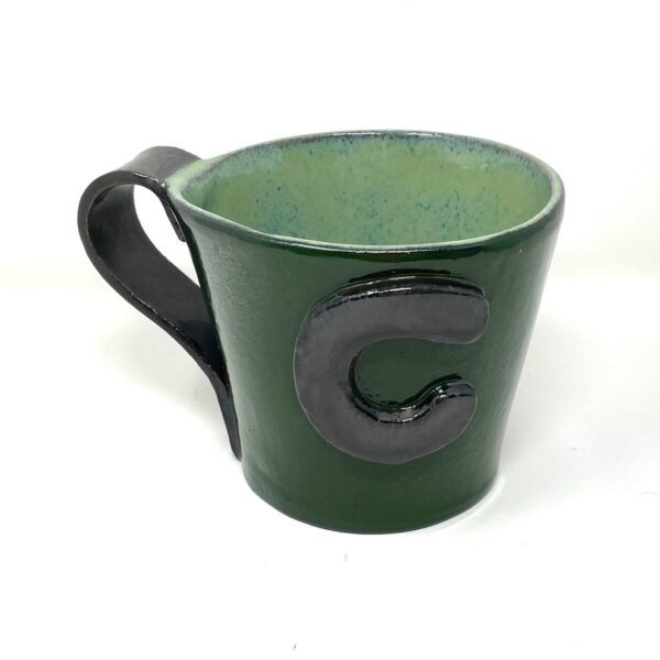 Handcrafted XL Ceramic Mug - 0.8 Litre Oversized Coffee Cup with Personalised “C” letter, Green & Metallic Glaze, Unique Pottery Gift