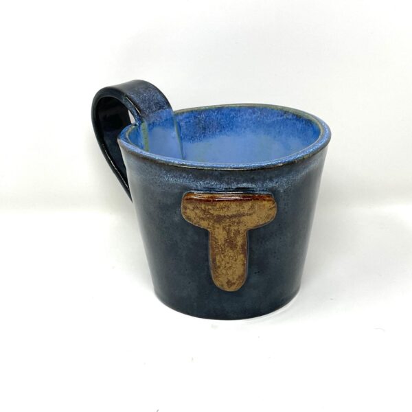 Handcrafted XL Ceramic Mug - 0.8 Litre Oversized Coffee Cup with Personalised “T” letter, Blue & Brown Glaze, Unique Pottery Gift