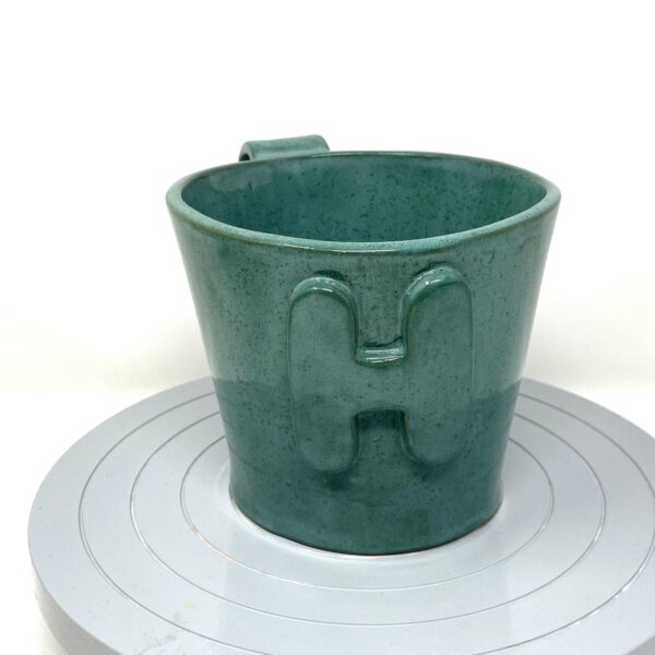 Handcrafted XL Ceramic Mug - 0.8 Litre Oversized Coffee Cup with Personalised “H” letter, Teal Green Glaze, Unique Pottery Gift