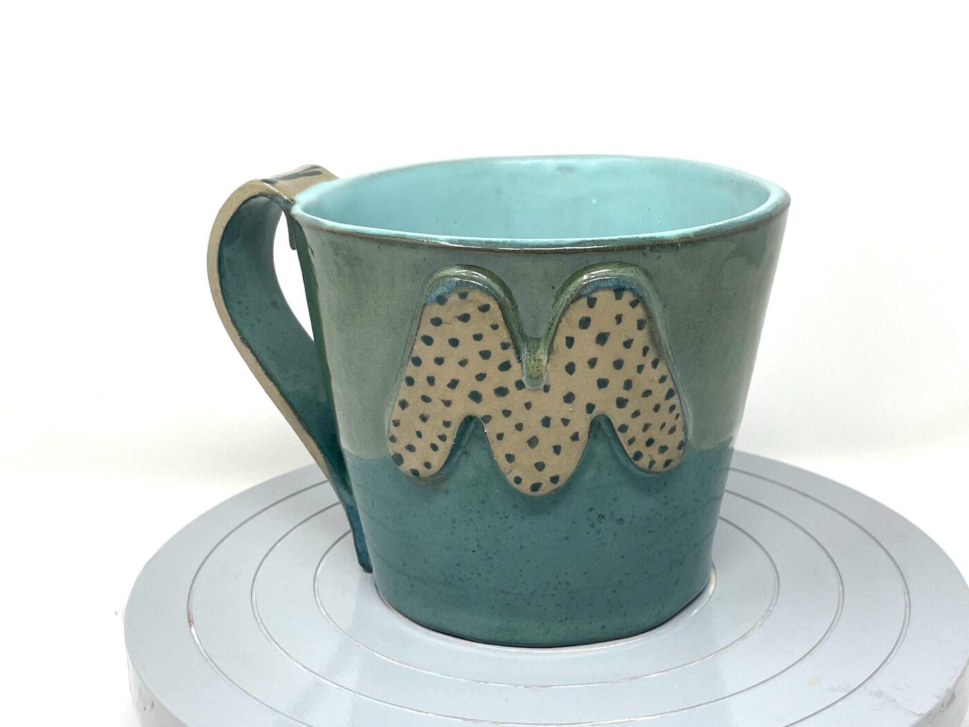 il_fullxfull.6328797306_bdjl-1.jpg XL Ceramic Mug — "M" Initial, Green & Light Blue