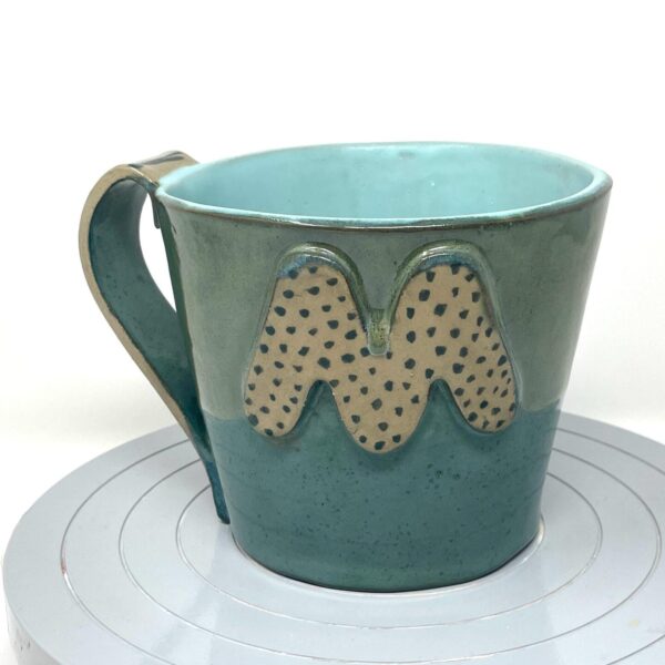 Handcrafted XL Ceramic Mug - 0.8 Litre Oversized Coffee Cup with Personalised “M” letter, Green & Light Blue Glaze, Unique Pottery Gift
