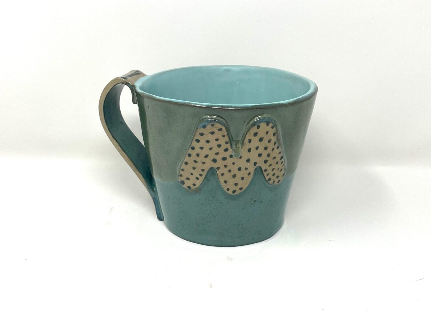 XL Ceramic Mug — "M" Initial, Green & Light Blue — alternate angle