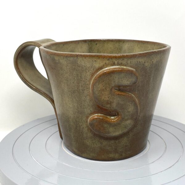 Handcrafted XL Ceramic Mug - 0.8 Litre Oversized Coffee Cup with Personalised “S” letter, Light Brown Glaze, Unique Pottery Gift